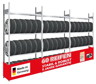 Produktbild von Reifenregal TIRE PRO  Germany | Komplettregal | HxBxT 250x390x43cm | 150kg Fachlast | bis zu 60 Reifen auf 4 Ebenen | Verzinkt