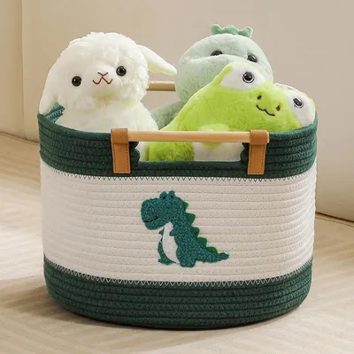 Produktbild von Körbe aus Baumwollseil zur Aufbewahrung von Stofftieren im Kinderzimmer, leere Babygeschenkkörbe, geflochtener Korb mit Holzgriffen, Aufbewahrungskorb für Decken und Spielzeug, Aufbewahrungsboxen für Kinderdecken.