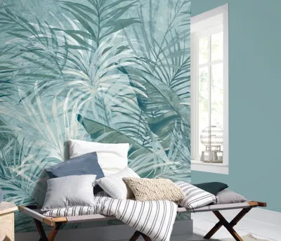 Produktbild von NEWROOM Tapete Somania Blue Blau Vliestapete - Modern Dschungel Palmen Germany
