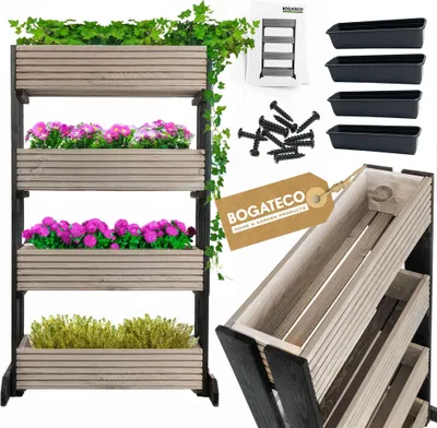 Image de Set de 4 pots de fleurs sur un support | Set de 4 pots de fleurs Pot de fleurs 64x20cm | Pot de fleurs en bois pour tomates et fleurs, pot de fleurs pour jardin balcon | 120cm de haut GRAY