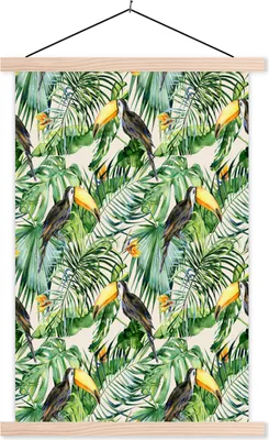 Produktbild von MuchoWow® Textilposter Blumen - Vogel - Tukan 40x60 cm mit holzfarbenen Rahmen - Poster