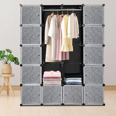 Image de Jopassy DIY Système d'étagères Armoire 20 boîtes en plastique Armoire penderie 180x142x37cm Noir Avec porte
