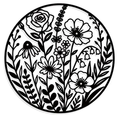Runde Blumen-Wanddekoration aus Metall, 29 x 29 cm, schwarz