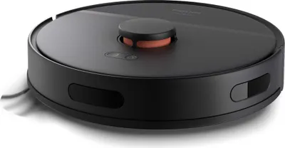 A black robot vacuum cleaner is shown from a slightly elevated side angle against a white background.