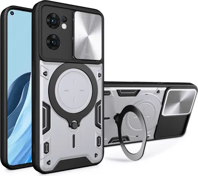 Produktbild von Handyhülle für Oppo Reno7 5G Dual-Layer Stoßfest Rüstung Hülle mit Dia Kameraschutz und Kreisförmig Ring Ständer Silber