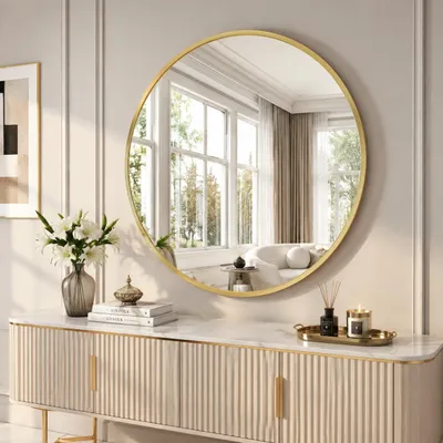 Productafbeelding van INONEFT RVS wandspiegel, 75 cm, badkamerspiegel met frame van aluminiumlegering, hoogwaardige make-upspiegel, gehard glas, goudkleurig, AI-gegenereerde afbeelding