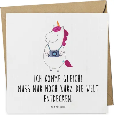 Produktbild von Mr. & Mrs. Panda Glückwunschkarte Einhorn Fotograf - Weiß - Geschenk, Einhörner, Städtereise, Urlaub, Kurztrip, Klappkarte, faltkarte, Grußkarte, anlasskarte, doppelkarte