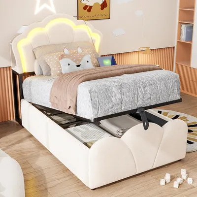 Produktbild von Merax Blumen Polsterbett 90x200cm mit LED Beleuchtung, Einzelbett mit hydraulischem Stauraum, Kopfteil mit Staufächern und Steckdosen, Samt, Beige