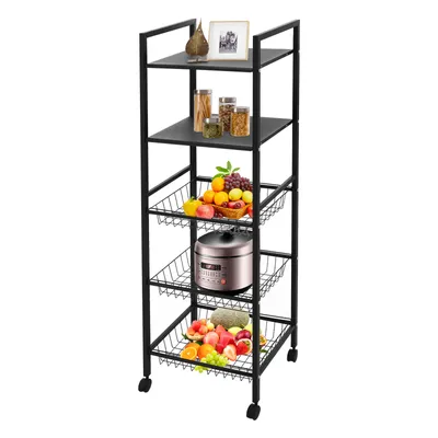 A multi-tiered kitchen cart filled with fruits, vegetables, and a rice cooker, presented against a white background.