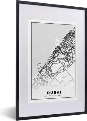 Produktbild von MuchoWow® Gerahmtes Poster Dubai - Karte - Stadtplan - Schwarz und weiß 40x60 cm - Poster mit Schwarzem Bilderrahmen Wandposter Rahmen Foto Bilder - Poster in Rahmen