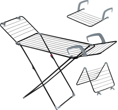 A white background with a foldable clothes drying rack and two smaller attachments.