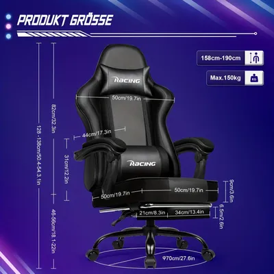 Immagine prodotto di Sedia da gaming con poggiapiedi – Sedia ergonomica da ufficio e per PC, resistente fino a 200 kg