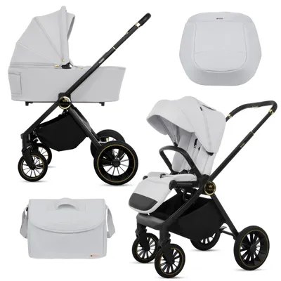Obrázek produktu pro BabyLux® Kombinovaný kočárek 2v1 ROSSO, Stříbrná, Sada Kocárku, Přenosná Postýlka a Korbička, Sportovní Sedadlo s Příslušenstvím, Lehký a Kompaktní