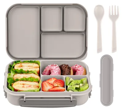 Image de Boîte à lunch pour enfants avec compartiments, boîte à bento pour enfants, boîte à lunch pour adultes, boîte à lunch de 1 200 ml avec 4 compartiments et couverts, adaptée au micro-ondes et au lave-vaisselle, sans BPA et réutilisable (blanche)