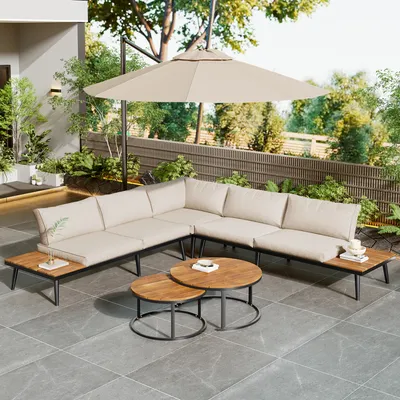 Produktbild von Flieks Gartenlounge-Set Gartenmöbel-Set 6-tlg., Balkonmöbelset für 6 Personen, Gartensofa mit 2 Gartentisch, Gartengarnitur Terassenmöbel mit Kissen