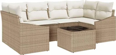 Immagine prodotto di Set di divani vidaXL, 7 pezzi, color beige e crema, in rattan sintetico