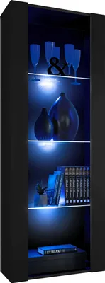 Produktbild von Komodee | Vitrine Schrank Tivoli mit 3 Regalböden, Korpus Schwarz Matt Frontfarbe Schwarz Matt, LED Blau