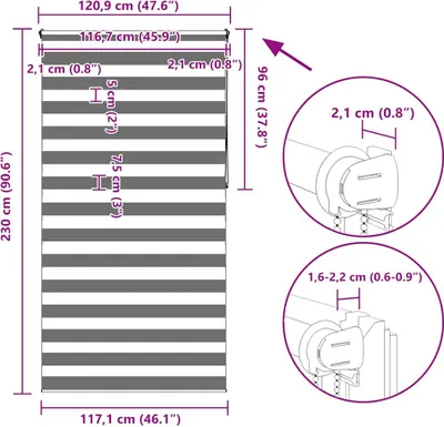 Productafbeelding van vidaXL Zebra-rolgordijn, 120,9 x 230 cm, stofbreedte 116,7 cm, grijs