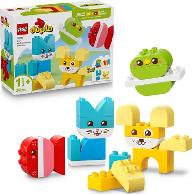 Produktbild von LEGO DUPLO 3-in-1 Kreative Tiere - Kleinkinder Lernspielzeug zur Förderung der Feinmotorik - Tierfiguren inkl. Hund, Katze, Vogel und Fisch - Geschenk für Babys, Mädchen und Jungen ab 1 Jahr - 10477