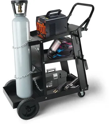 Imagen del producto de Rodillo de seguridad robusto de 3 compartimentos, con una capacidad de carga de 181 kg, giratorio 360°, equipado con cadenas de seguridad, ideal para máquinas de soldadura TIG, soldadura, MIG y corte por plasma