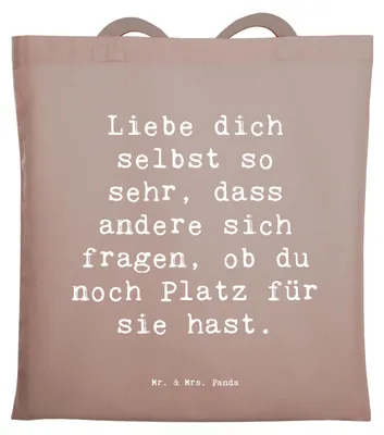 Produktbild von Mr. & Mrs. Panda Schultasche Spruch Selbstakzeptanz Liebe - Braun Pastell - Geschenk, Uni Tasche, Jutebeutel, Jutetasche, Tote Bag, Gefühl, Shopping, Wertschätzung, Zitat