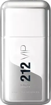 A silver bottle of Carolina Herrera 212 VIP Men eau de Toilette.