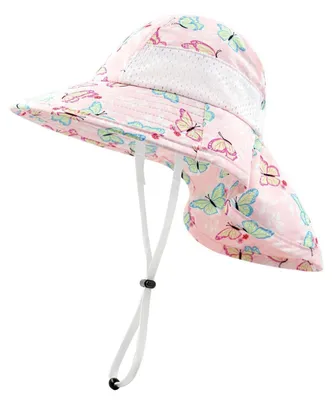 Immagine prodotto di Cappellino da sole per bambini, unisex, per proteggere il collo, ideale per l'estate, adatto a bambini da 6 a 24 mesi, colore rosa con motivo a farfalla
