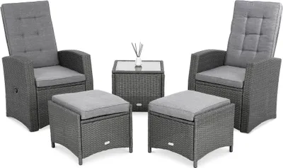 Produktbild von di volio Gartenmöbel-Set Fera Grau, Terrassenmöbel aus wasserfestem Polyrattan, Gartenmöbel für 2 Personen - Couchtisch & 2 Sessel & 2 Fußhocke
