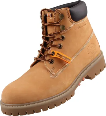 A single tan work boot is shown against a white background.