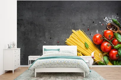 Produktbild von MuchoWow® Fototapete für Wohnzimmer oder Schlafzimmer Wandtapete Vinyl Motivtapete Nudeln - Kräuter - Tomate - Gewürze - Rustikal - 375x280 cm - Schlafzimmer tapete