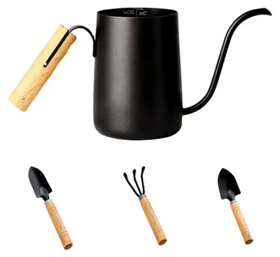 Produktbild von Kleine Gießkanne 350ml für Zimmerpflanzen mit langem Auslauf und Holzgriff