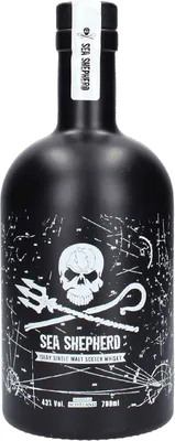 A black bottle of Sea Shepherd Islay Single Malt Scotch Whisky against a white background.