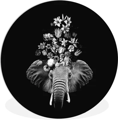 Produktbild von MuchoWow® Rundes Wandbild - Runde Bilder Elefant - Blumen - Schwarz - Weiß Ø 60 cm Kreis Wanddekoration Kunststoff - Wandkreis - Wandschmuck - Wand Kreis - Das Schlafzimmer - Die Bilder - Wandmalerei - Kunst für das Haus - das Plastik