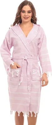 Produktbild von Bademantel Damen & Herren Uni – Weich & Leicht Langform, 100% Baumwolle, mit Kapuze, & Gürtel, Hamamtuch-Stil mit Taschen – Ideal für Sauna_Schwarz