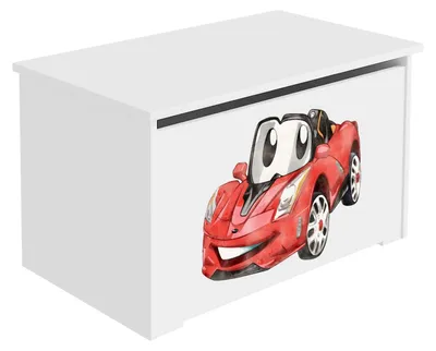 Produktbild von Spielzeugkiste Daria – Weiß mit Rennauto-Motiv | Laminierter Möbelholz 16 mm, UV-beständiger Druck, Gasdruckfeder, 73x42x40 cm
