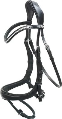 A black horse bridle with silver accents and rhinestones.