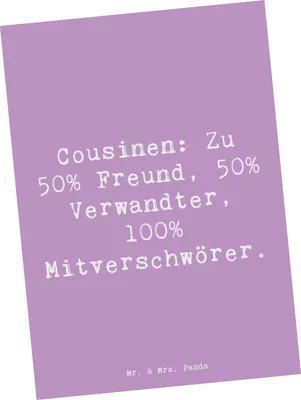 Produktbild von Mr. & Mrs. Panda Postkarte Spruch Cousin Mitverschwörer - Lavendeltraum - Geschenk, Verwandtschaft, Ansichtskarte, Grußkarte, herzerwärmende Sprüche, Familie, Cousine