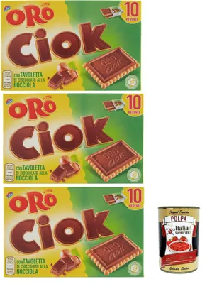 Produktbild von Oro Ciok Biscotto Nocciola, Keks mit Milchschokoladentafel, einfacher und köstlicher Snack, natürliche Faserquelle, 3x 200 g + Italian Gourmet polpa 400g