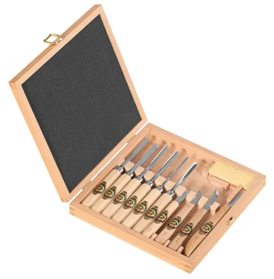 Productafbeelding van Houtsnijset - Houtsnijgereedschap - 11-delig - Met houten kist