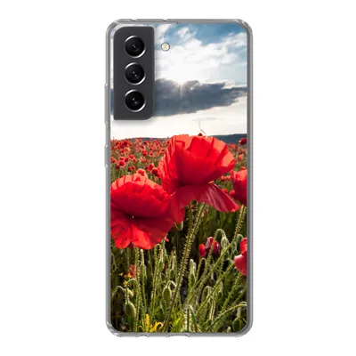 Produktbild von MuchoWow® Handyhülle Schutzhülle Hülle für Samsung Galaxy S21 FE Mohnblumen vor einem dramatischen, stürmischen Himmel Silikon Softcase Handy Hülle - Mobiltelefonhülle