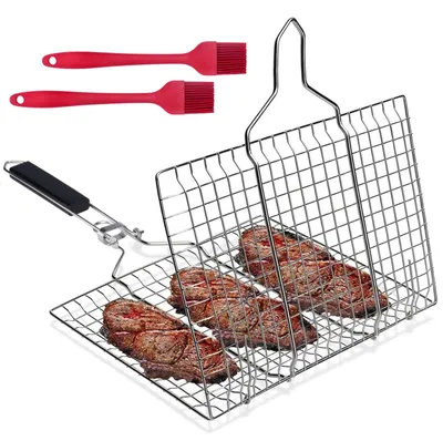 Imagen del producto de Barbacoa de acero inoxidable, plegable, con asa desmontable, ideal para asar pescado y verduras