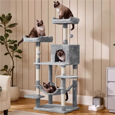 Produktbild von Yaheetech Kratzbaum 149 cm H Katzenbaum mit 2 Plattformen 7 Sisalstämmen Plüsch-Liege, Hellgrau
