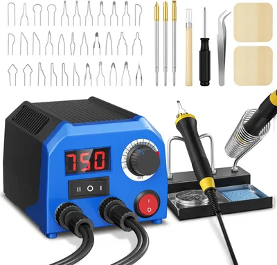 Produktbild von Pyrographie Gerät - Holzbrandstation - 2 Brennstifte - Einstellbare Temperatur Bis 750°C - 220V - Für Holzgravur Und Kunst - Blau