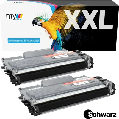 Two toner cartridges are shown in front of a box with a parrot graphic.
