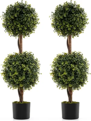 Zdjęcie produktu dla COSTWAY zestaw 2 sztucznych roślin 90cm, sztuczne drzewo z doniczką i solidnym pniem brzozy, bukszpan roślina domowa bukszpan kula dekoracyjna roślina sztuczna zielona