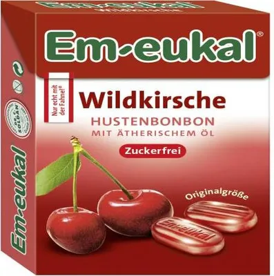 Produktbild von Em eukal Box Wildkirsche Hustenbonbon Ätherische Öle zuckerfrei 50g