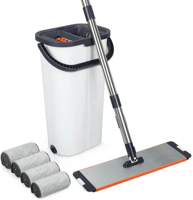 Produktbild von Wischmops, Wischmopp Set, Bodenwischer mit 6 Mikrofaser Pads, mit 164cm verlängertem und verdicktem Griff, trennt Schmutz von Frischwasser