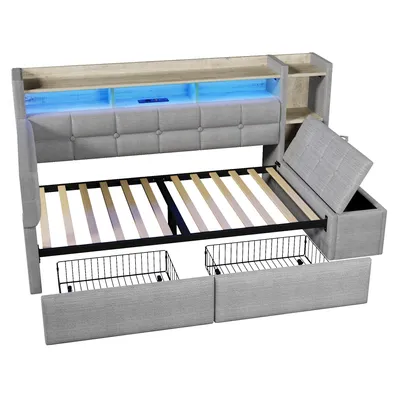 Produktbild von Flieks Schlafsofa Tagesbett 90x190cm mit Hydraulischem Betthocker, Polsterbett Einzelbett mit Ladefunktion und Led, Jugendbett Samt mit Ablagen, Grau