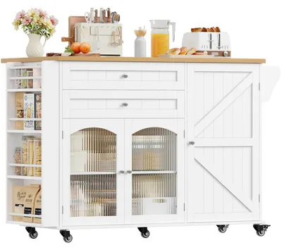 Image de Îlot de cuisine avec plan de travail rabattable, armoire de cuisine sur roulettes, 2 tiroirs, 3 portes, blanc, 132 x 97,5 x 60 cm