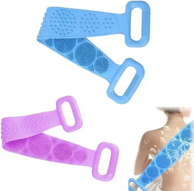 Image de Lot de 2 - brosses de douche - brosse de toilette - brosse pour le corps - brosse de bain double face en silicone - pour le corps - double poignée - dépliable - exfoliante - pour un nettoyage en profondeur, un massage, la douche, le nettoyage du dos - 60 cm - bleu et violet